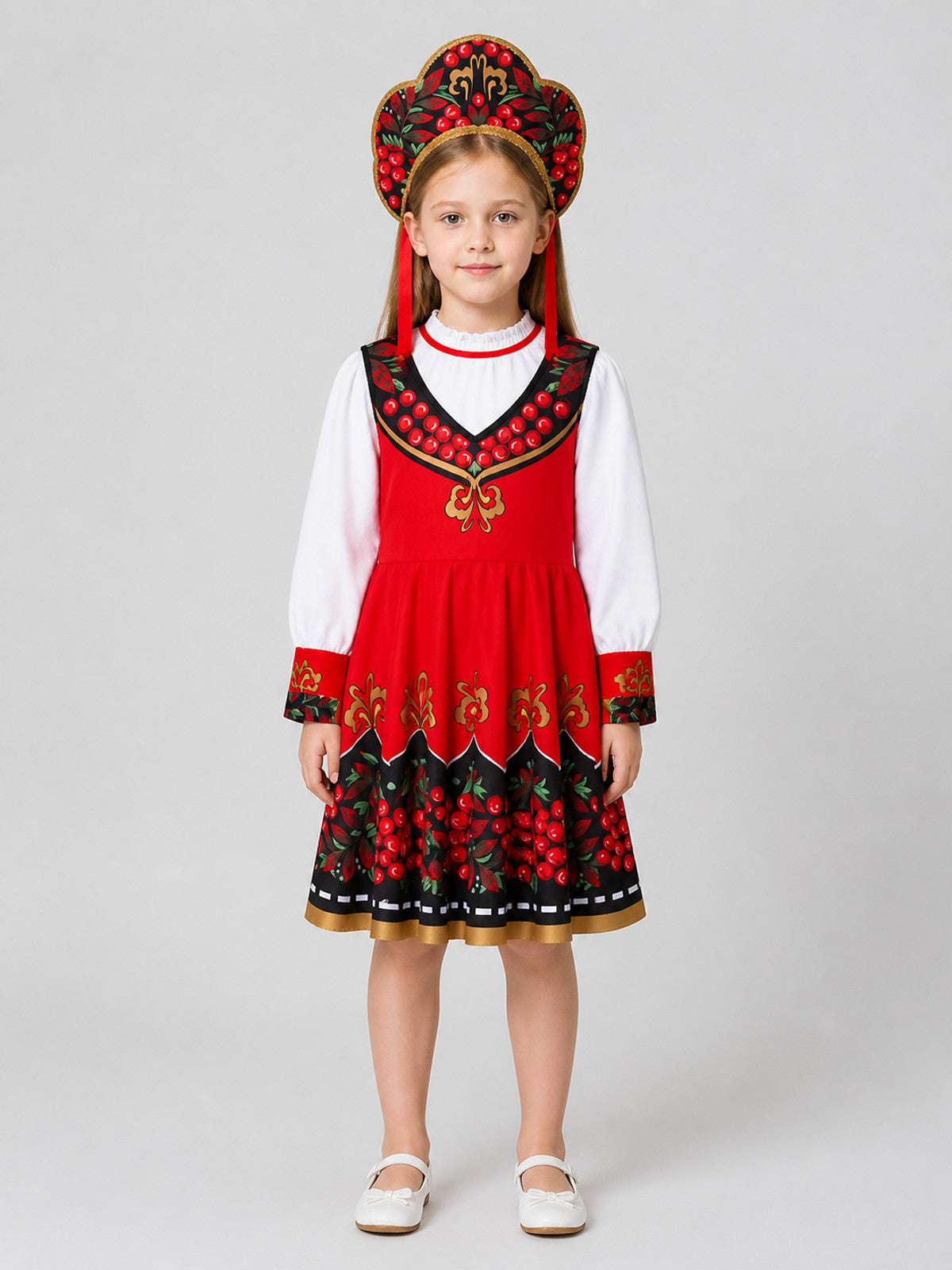 Children’s Retro Costume: Dress, Blouse, and Headwear on-model view