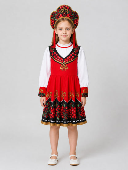 Children’s Retro Costume: Dress, Blouse, and Headwear on-model view