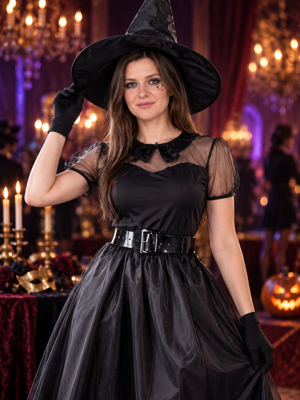 Black Witch Costume with Dress, Hat, Belt and Gloves