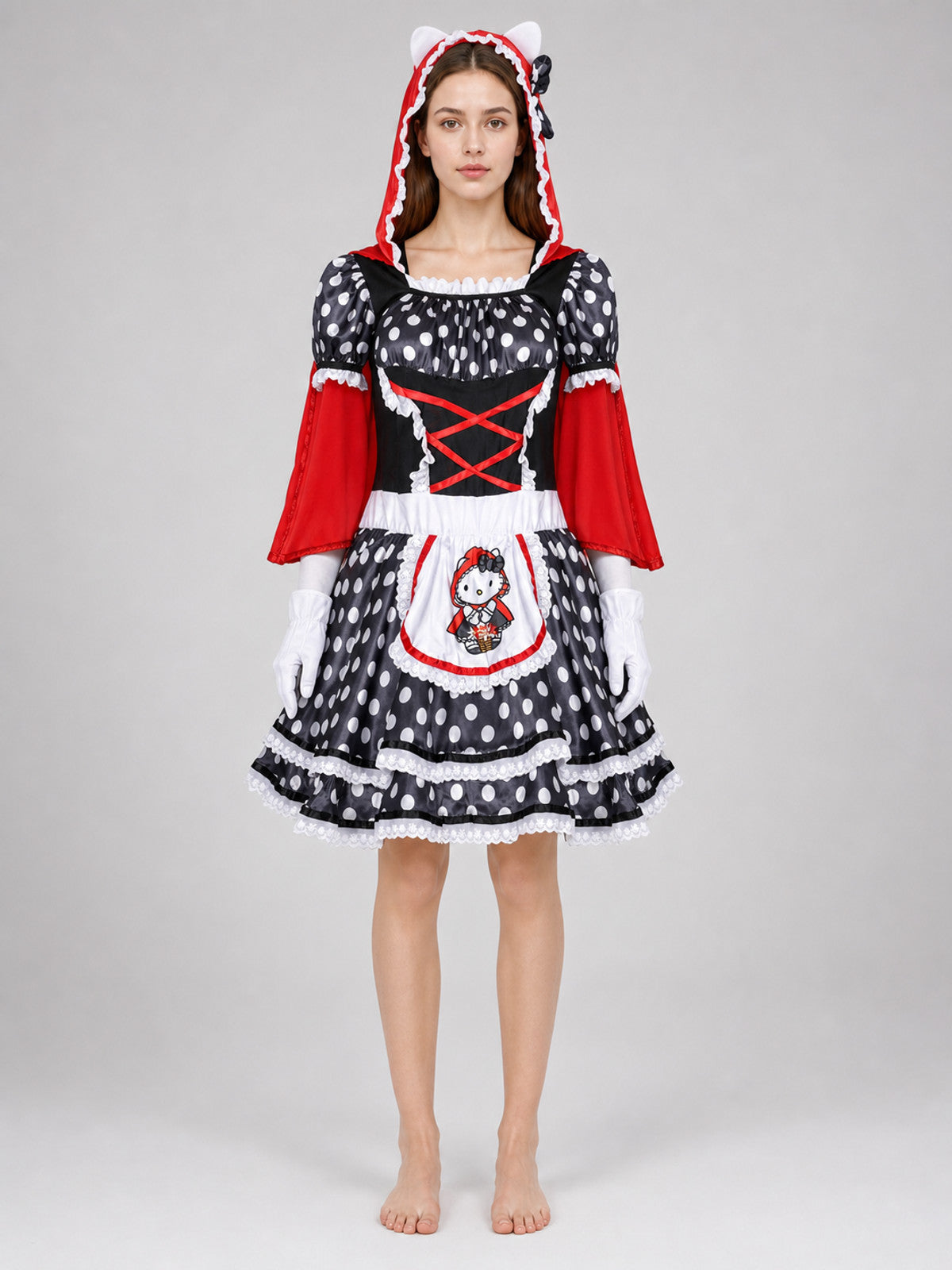 Little Red Riding Hood Dress with Hood and Gloves on-model view