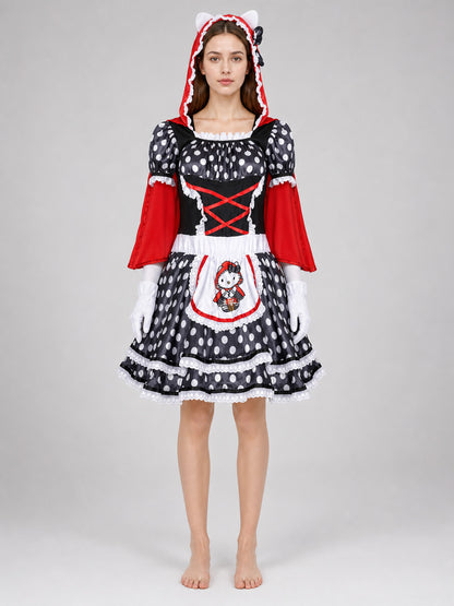 Little Red Riding Hood Dress with Hood and Gloves on-model view