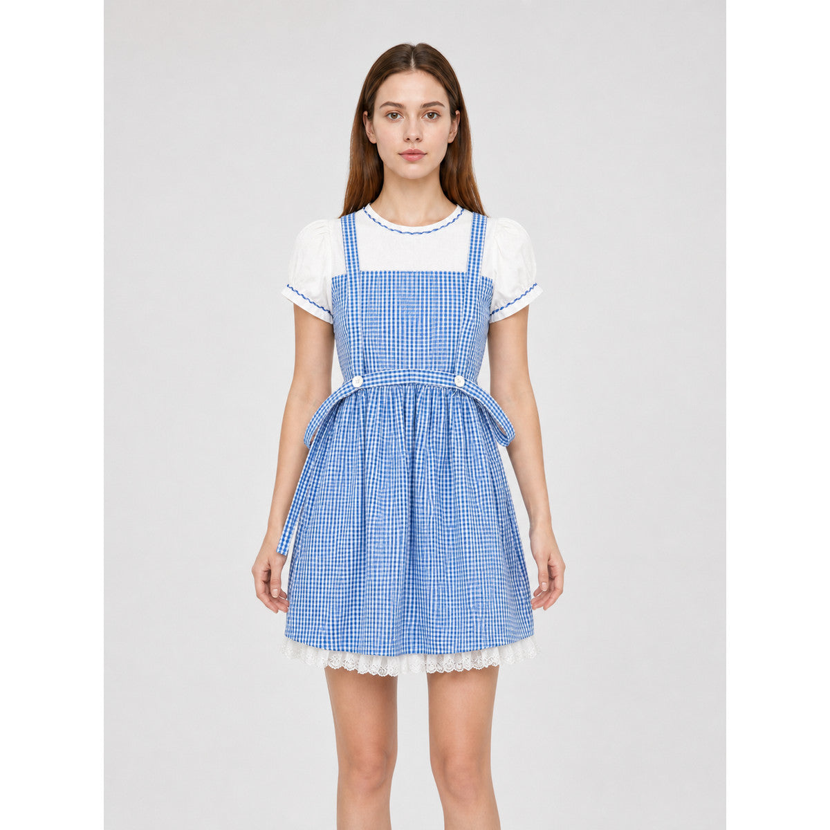 Blue and White Plaid Dress Set with Accessories front view