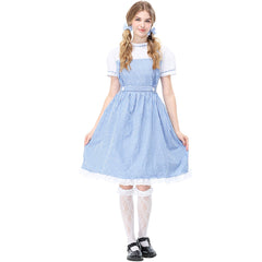 Women's Blue and White Gingham Pinafore Costume Dress with Lace Knee Socks and Bow Hair Ties