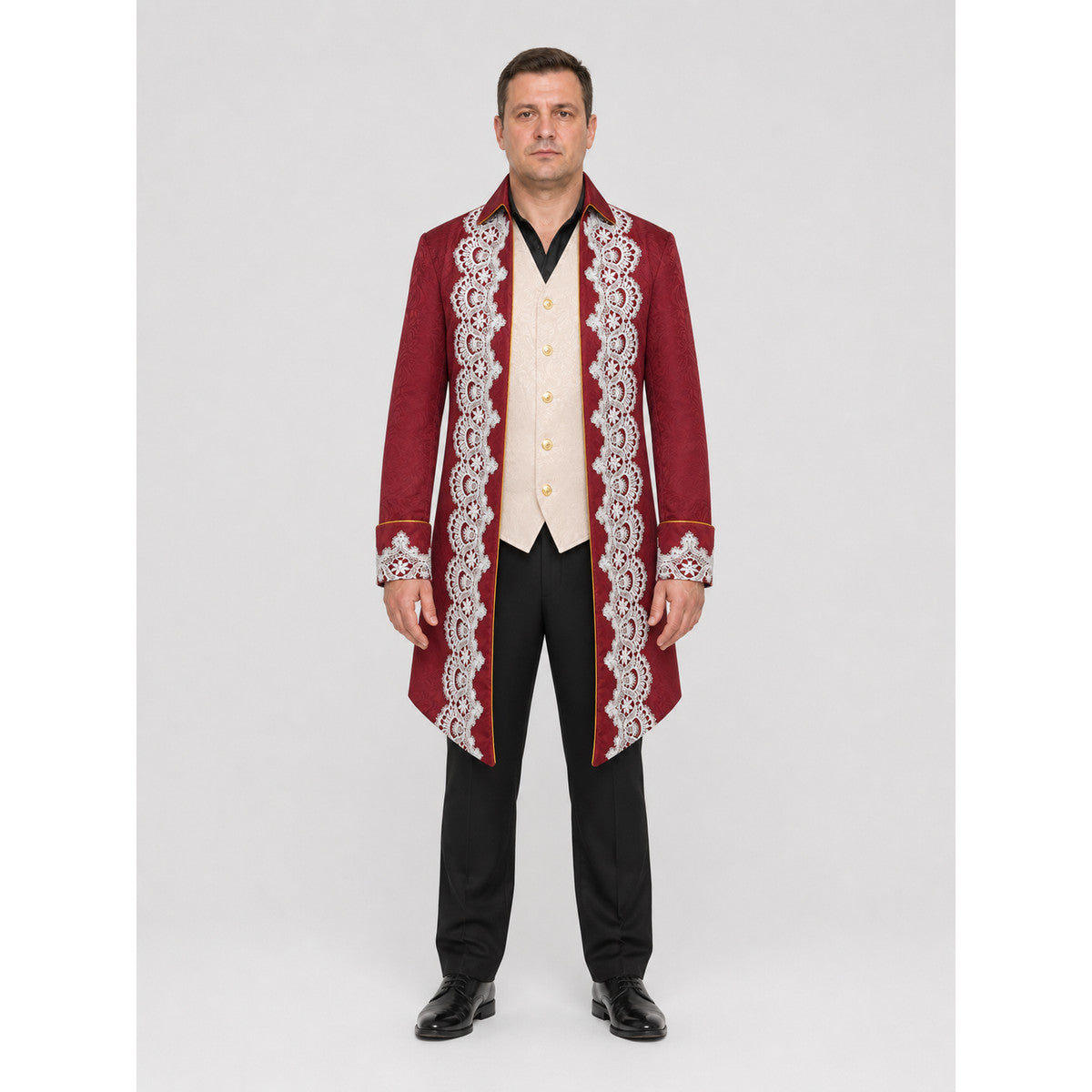 Long Tailcoat with White Lace and Gold Buttons on-model view