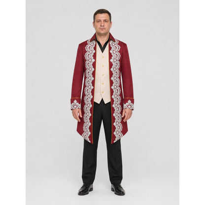 Long Tailcoat with White Lace and Gold Buttons on-model view