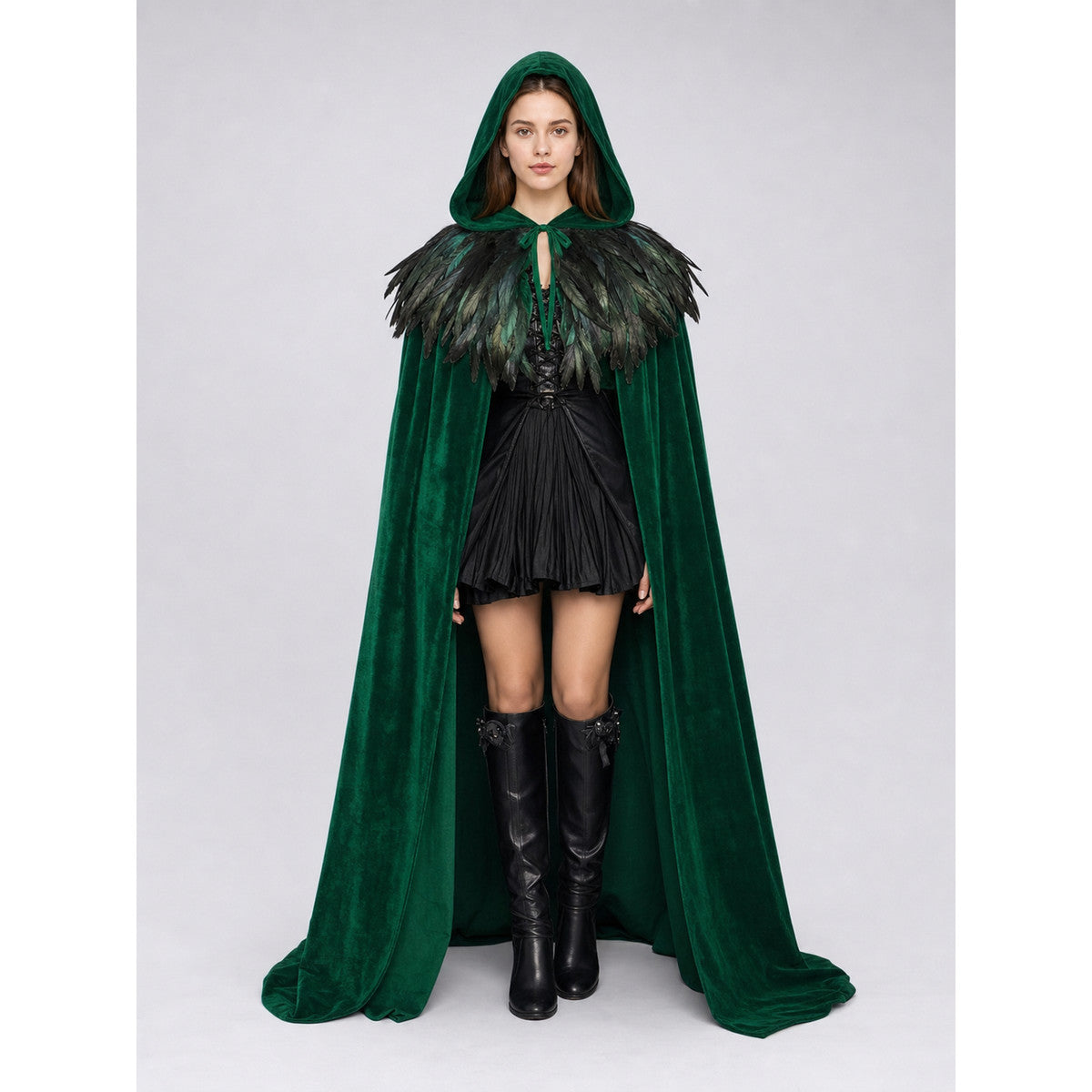 Green Hooded Velvet Feather Cape