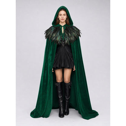 Green Hooded Velvet Feather Cape