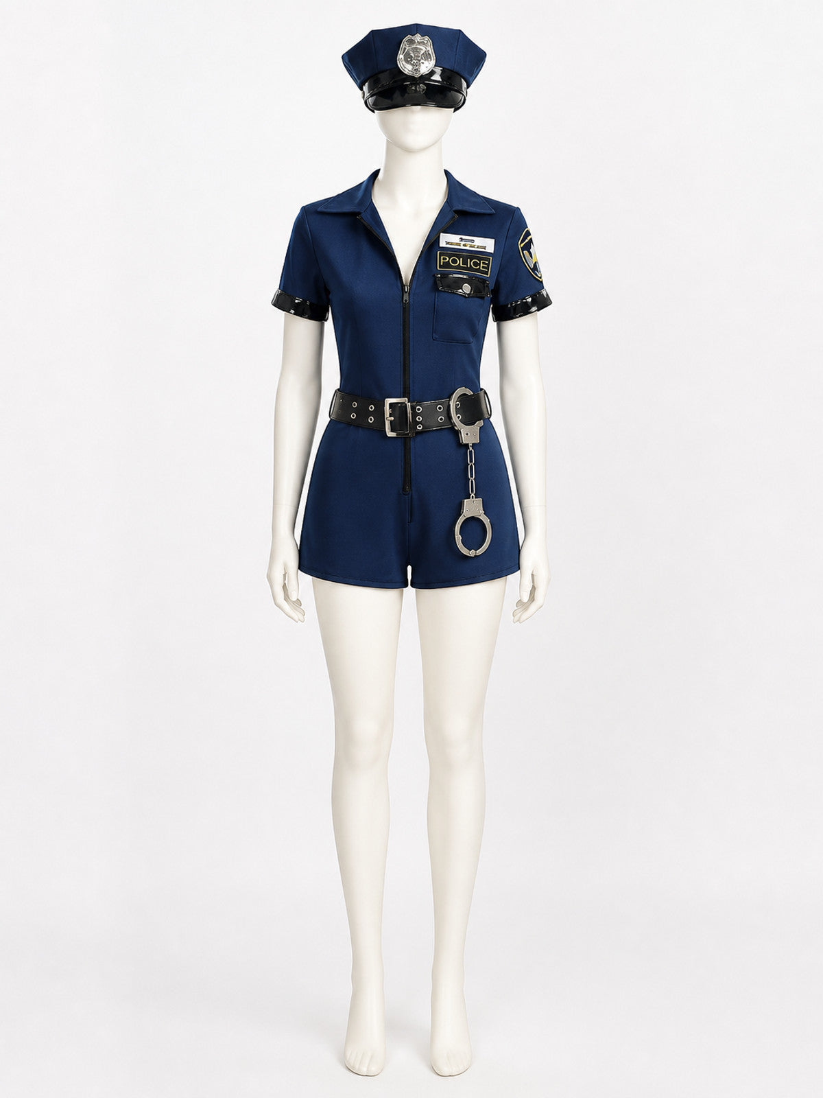 Women's Sexy Police Officer Costume Set with Hat, Belt & Handcuffs on-model view