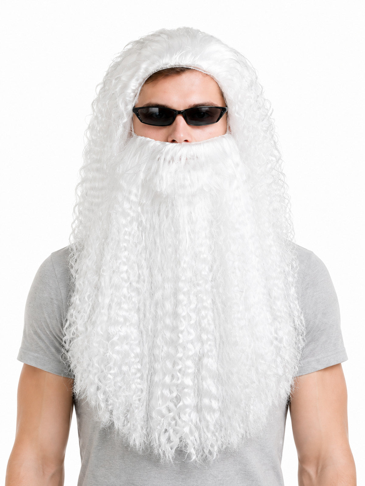 White curly synthetic-looking wig and long beard shown on a front-facing model against a white background