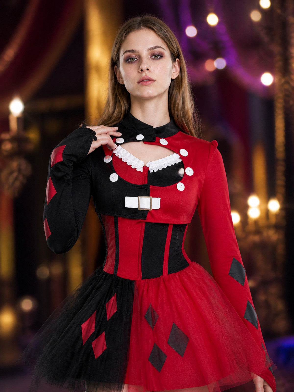 Clown Costume Set, Red Black Pink Tutu Dress with Diamond Patches, Halloween on-model view