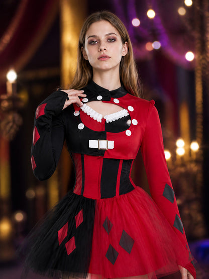Clown Costume Set, Red Black Pink Tutu Dress with Diamond Patches, Halloween on-model view