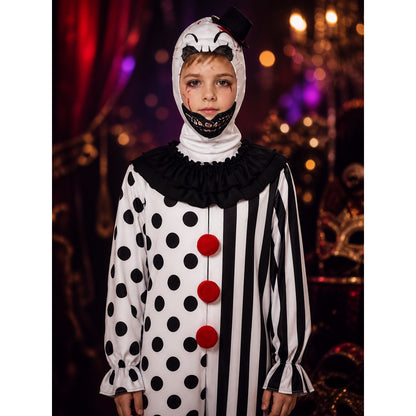 Clown Jumpsuit Costume Set with Mask and Hat, Polka Dot Striped Halloween Outfit on-model view