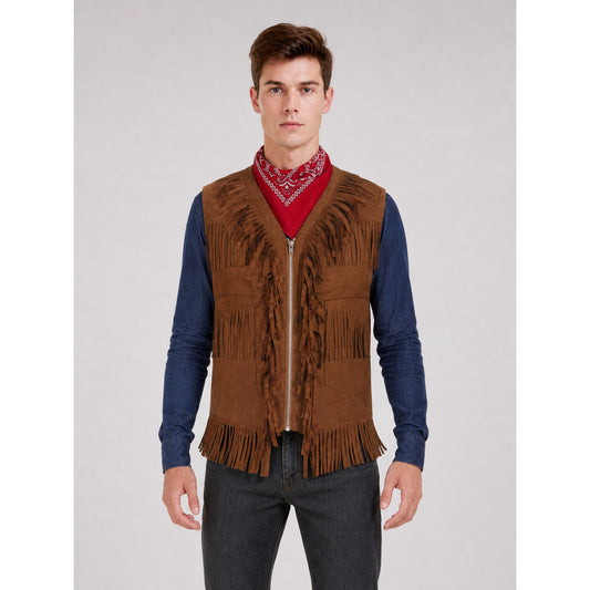 Western-Style Khaki Vest with Fringe