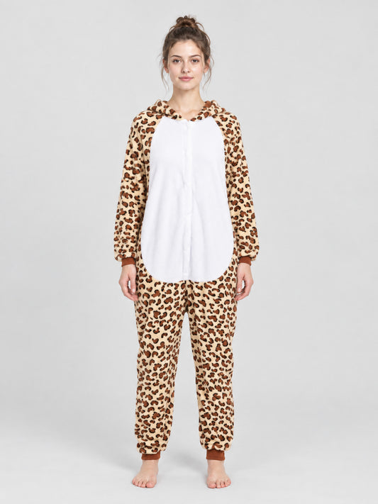 Leopard Print Fleece Jumpsuit Pajama with White Insert