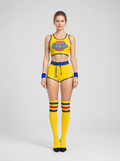 Yellow athletic set: cropped top and shorts on-model view