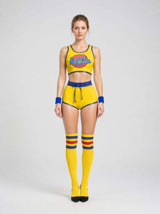 Yellow athletic set: cropped top and shorts on-model view