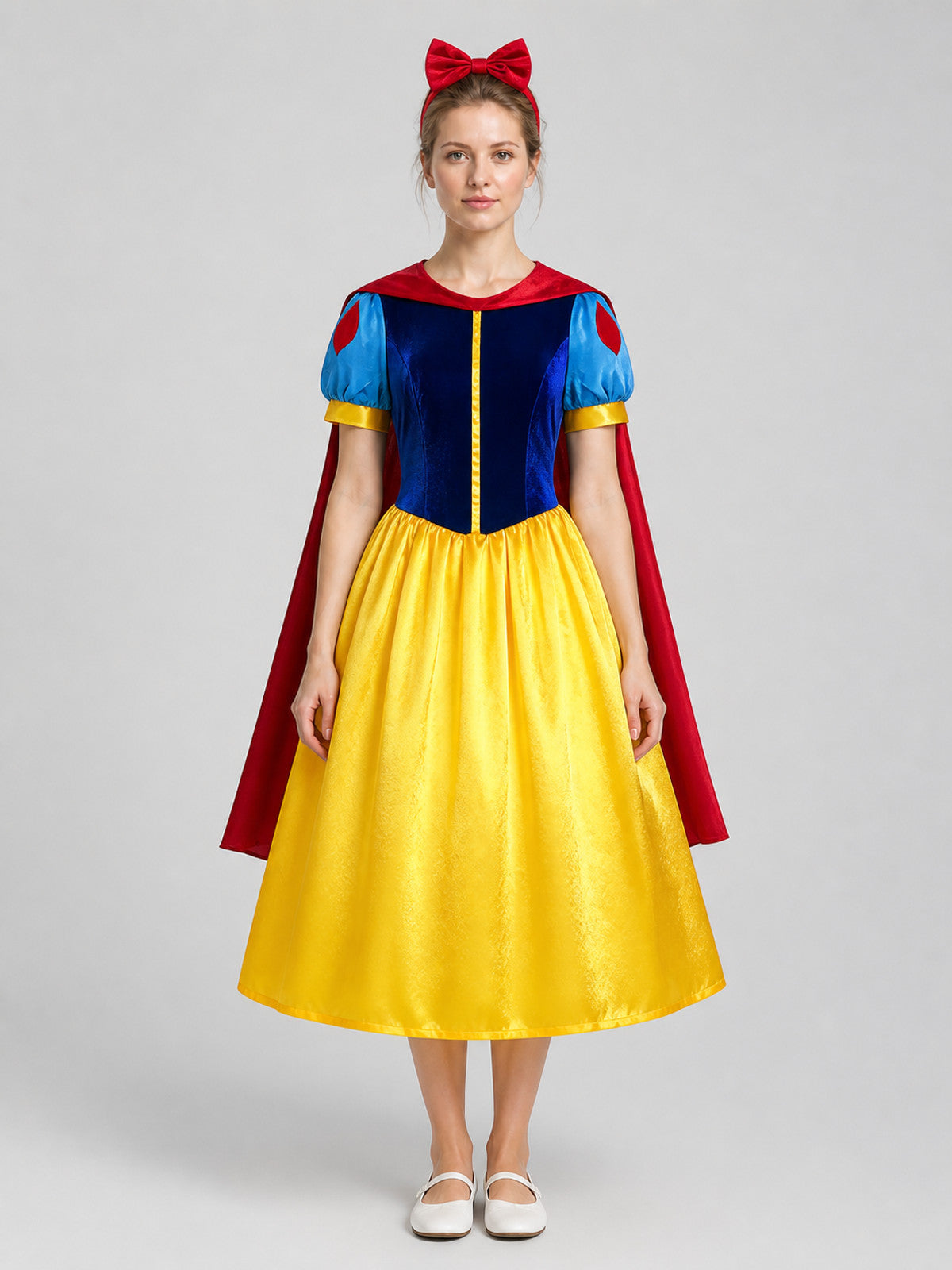 Snow White Cosplay Costume, Dress with Cape, S–4XL on-model view