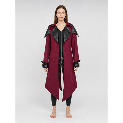 Black long gothic fantasy-style coat with decorative details, a high collar, and an asymmetrical pointed hem. The design features long sleeves and a front zipper closure. Decorative buckle straps are positioned at the waist and cuffs, while