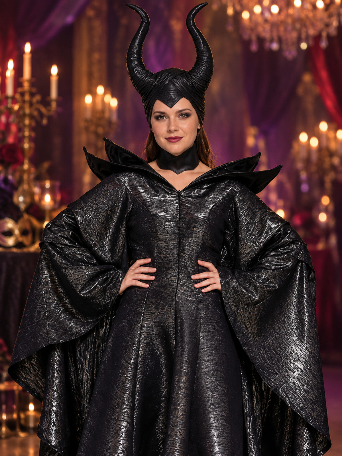 Black Witch Costume with Horns and Choker
