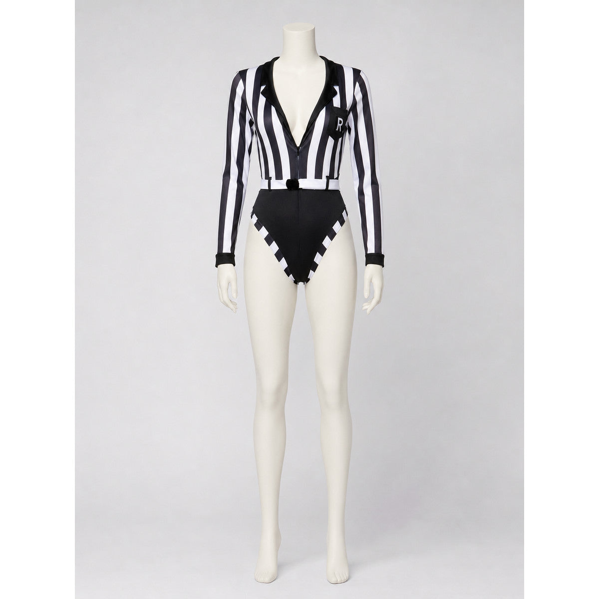 Black-and-White Jumpsuit with R Patch and Collar on-model view