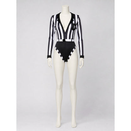 Black-and-White Jumpsuit with R Patch and Collar on-model view