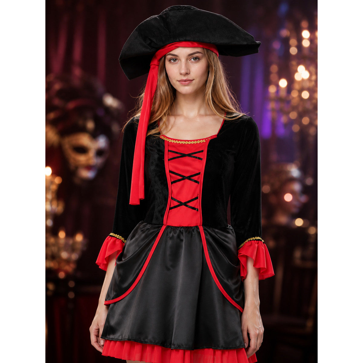 Women's Pirate Costume Set, Black and Red Dress with Hat, Cross Lace Up for on-model view