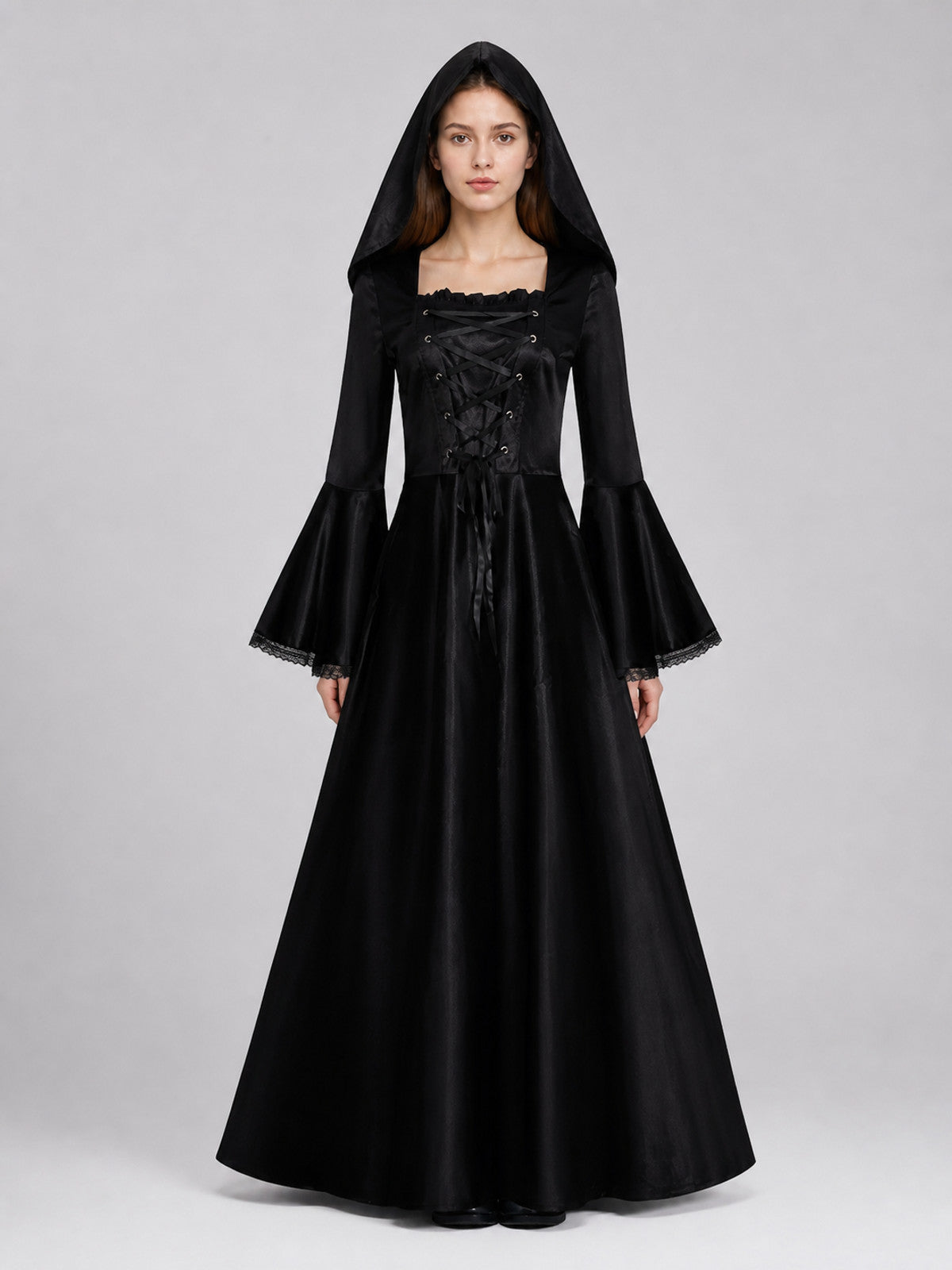 Long Gothic Hooded Lace-Up Dress on-model view
