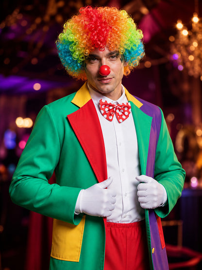 Unisex Adult Clown Costume Set, Multi-Color Patchwork Robe, Vest & Pants for on-model view