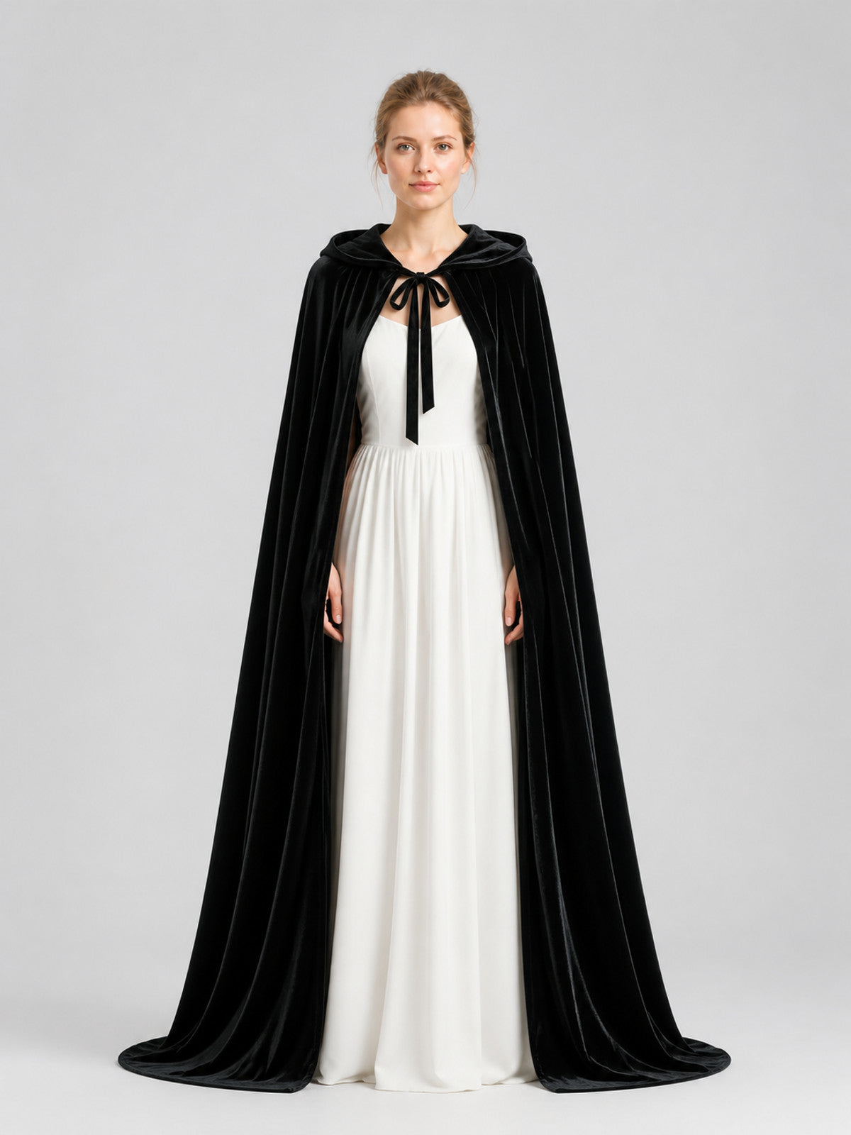 Black Long Hooded Cape for Cosplay on-model view