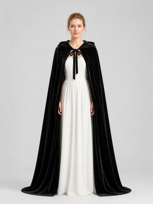 Black Long Hooded Cape for Cosplay on-model view