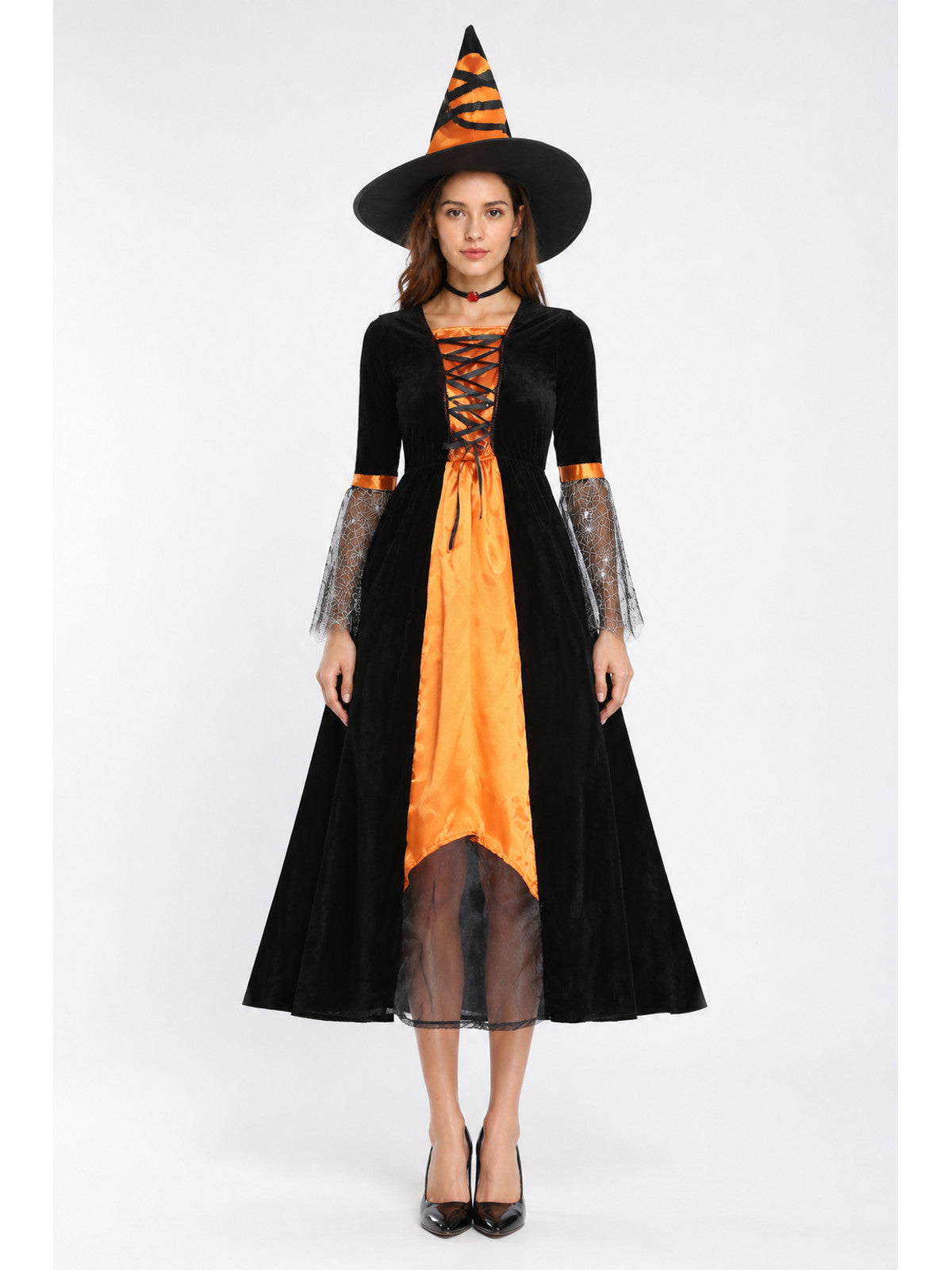 Halloween Costume with Spiderweb Design, Black and Orange main product view