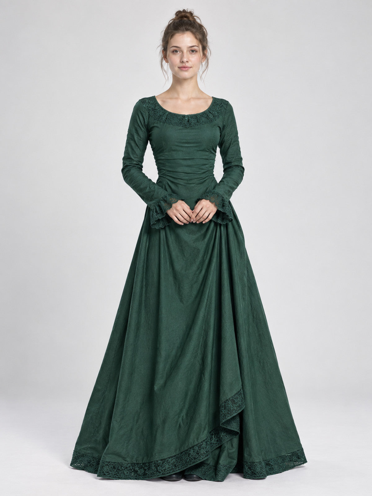 Green Long Vintage Dress with Lace and Draping