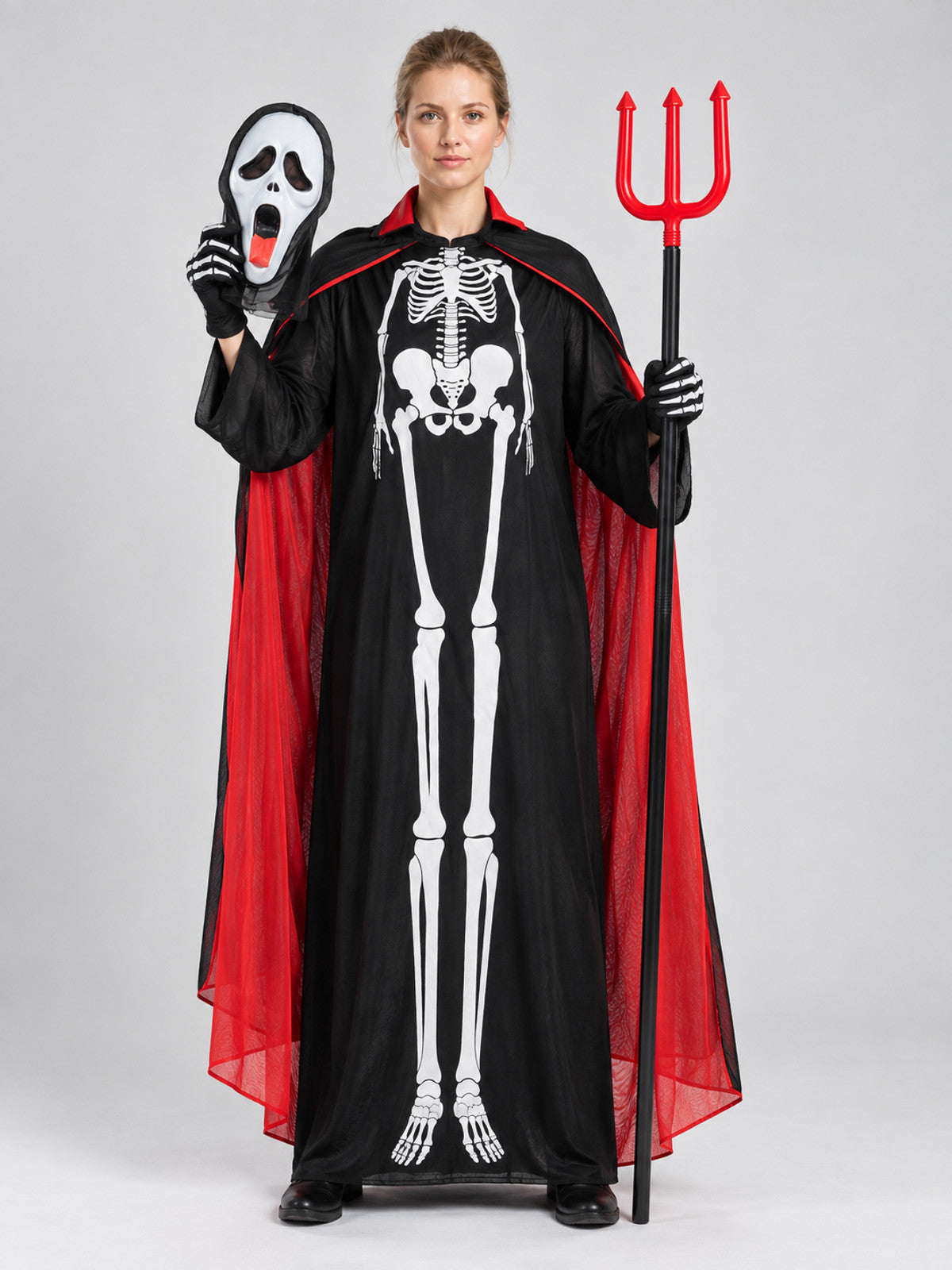 Skeleton costume with mask, cape, and trident on-model view