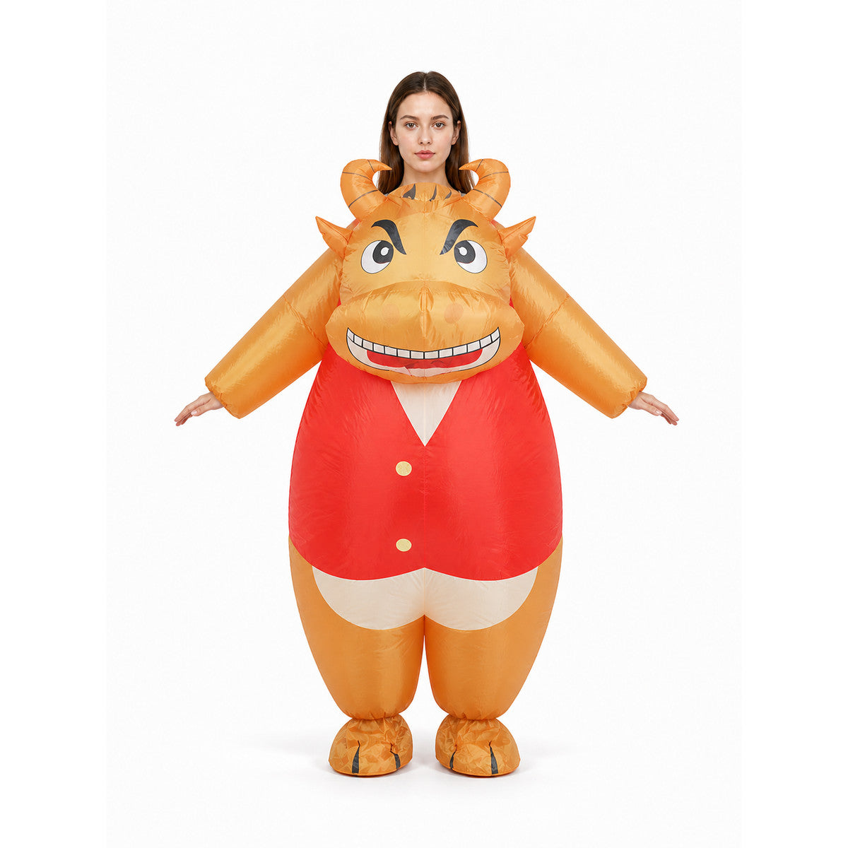 Inflatable Bull Costume with Red Vest front view