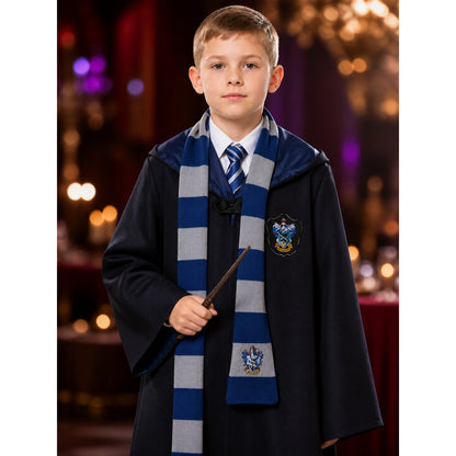 Ravenclaw Wizard Costume Set, Long Navy Blue Robe with Striped Tie and Scarf on-model view