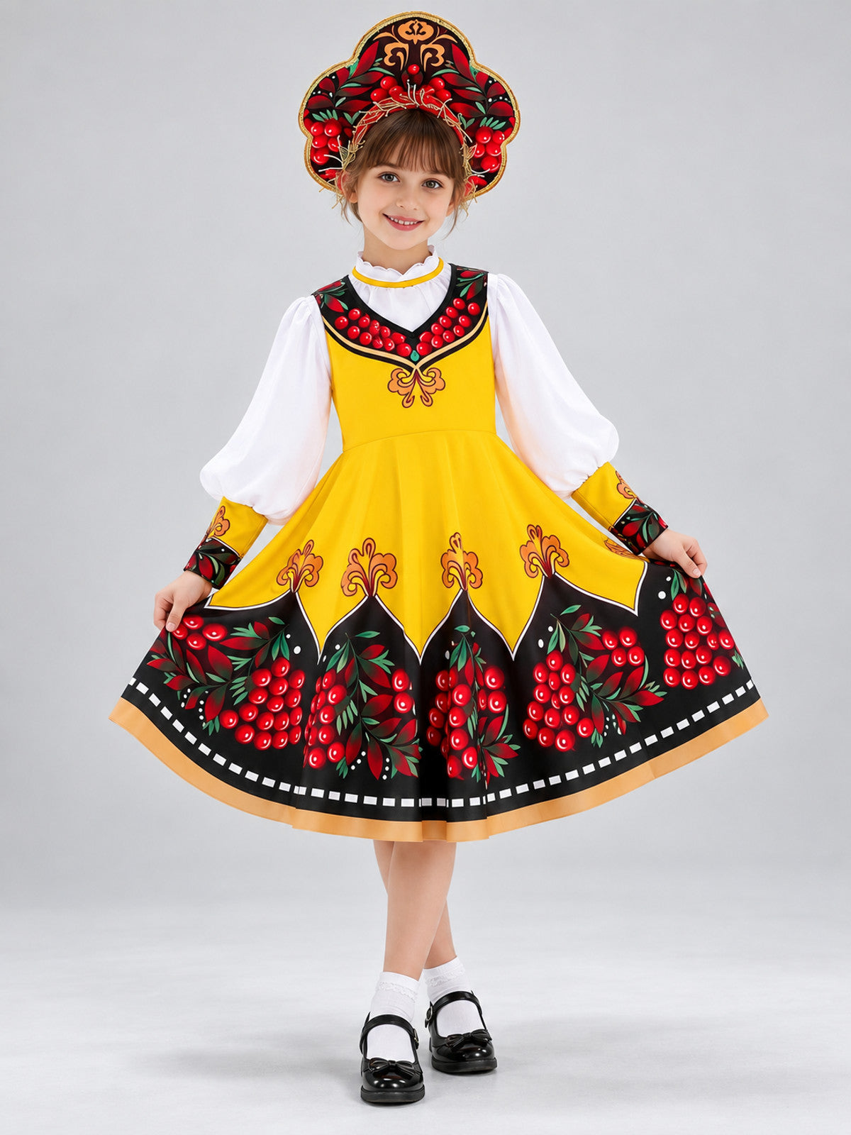 Russian Folk Costume: Yellow Sarafan, Blouse, Kokoshnik