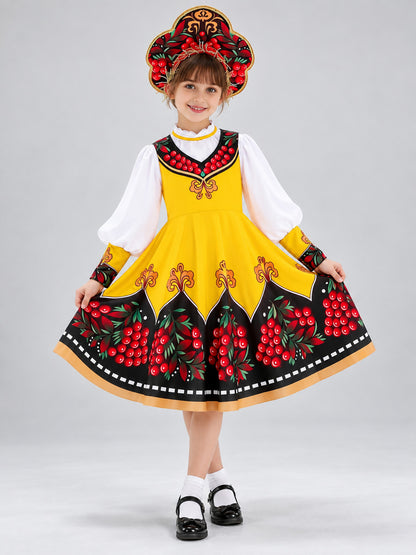 Russian Folk Costume: Yellow Sarafan, Blouse, Kokoshnik