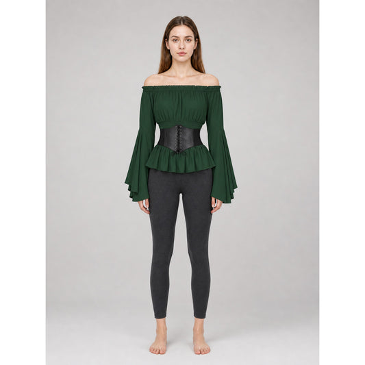 Off-the-Shoulder Blouse with Green Belt