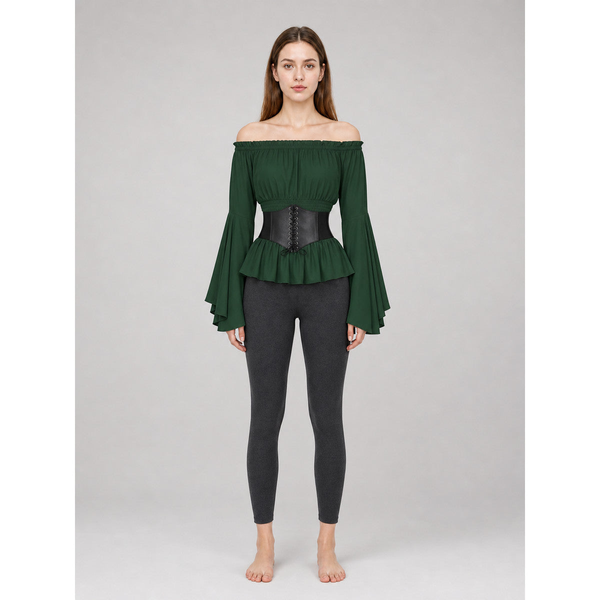 Off-the-Shoulder Blouse with Green Belt on-model view