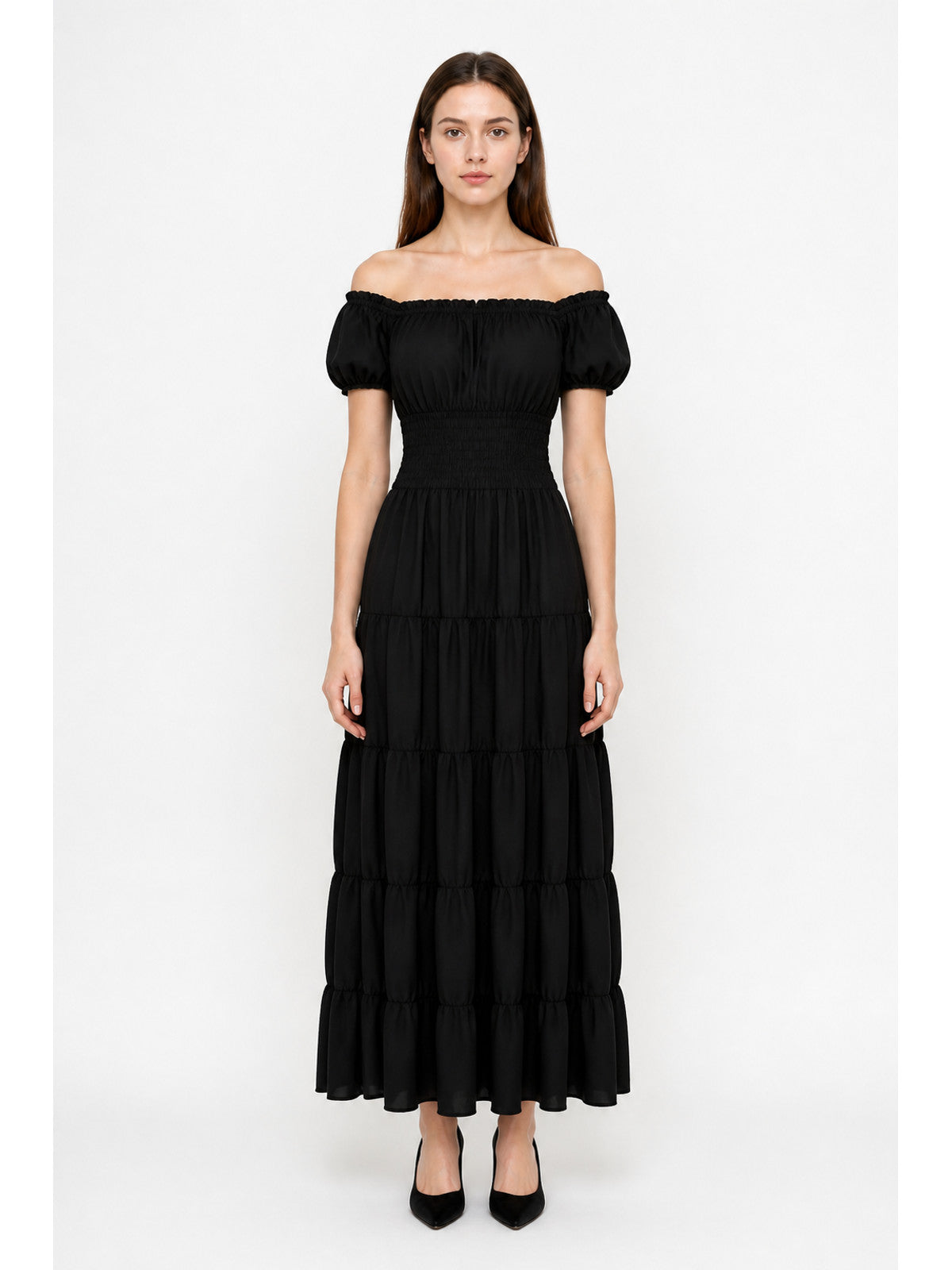 Black Off-the-Shoulder Dress with Tiered Skirt main product view