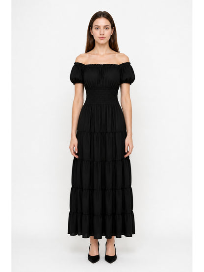 Black Off-the-Shoulder Dress with Tiered Skirt main product view