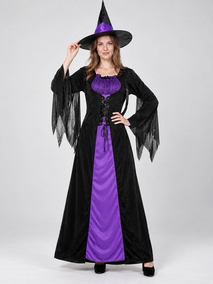 Witch Costume: Long Black and Purple Dress, Hat