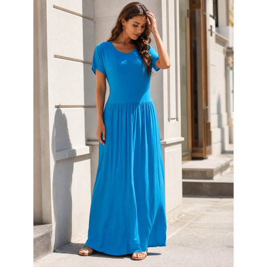 Long Women's Dress with Short Sleeves and Pleats