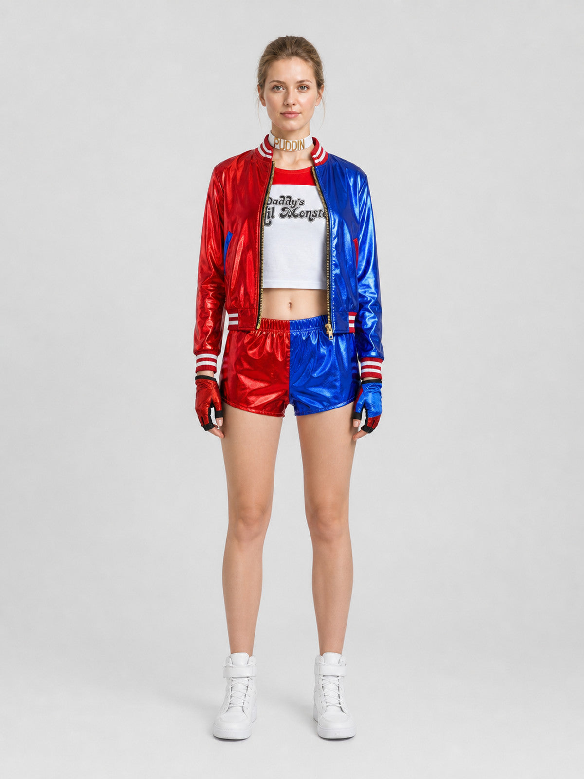 Harley Quinn Costume, Jacket and Shorts on-model view