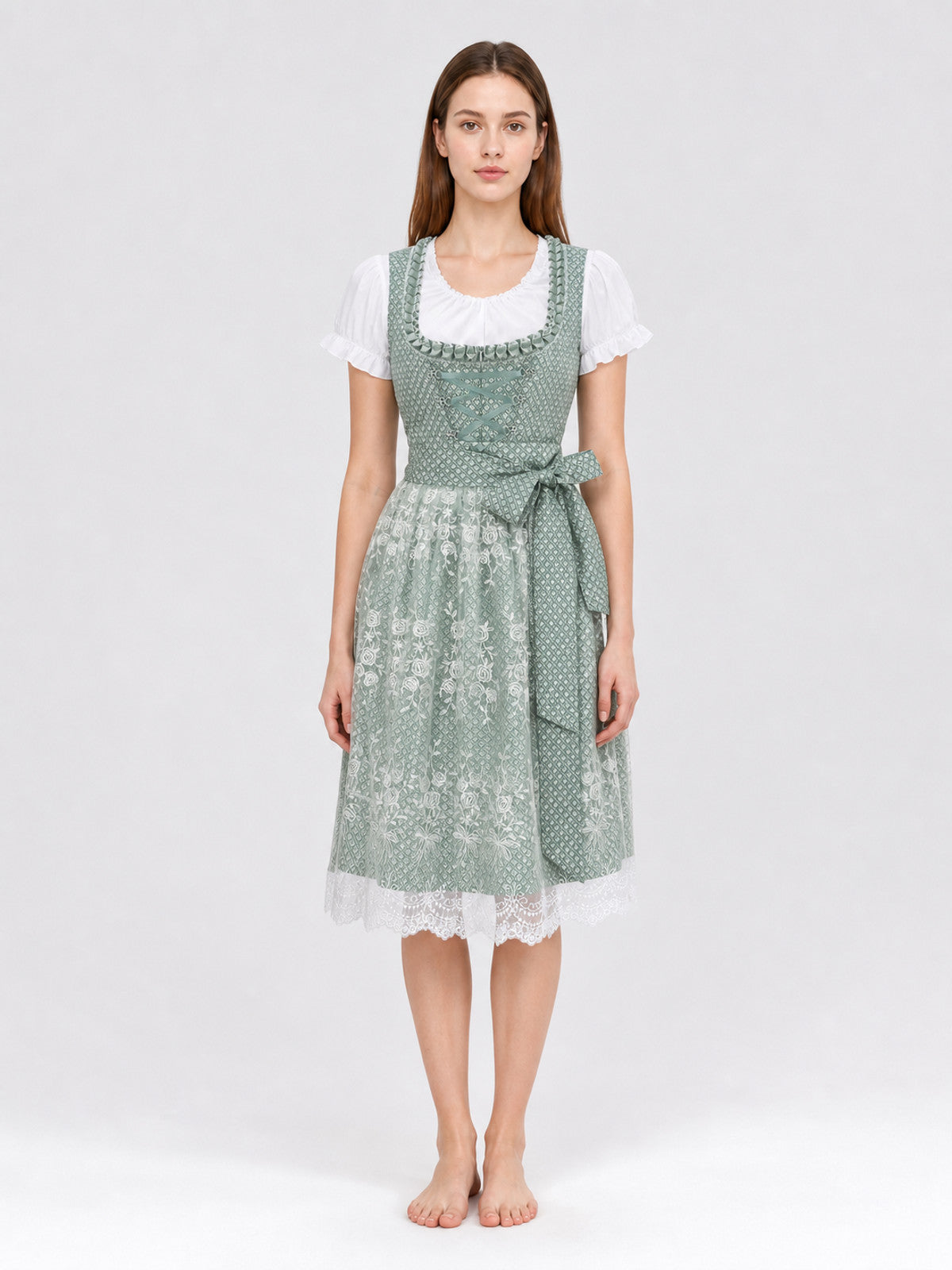 Green Dirndl Dress with Lace and Front Lacing on-model view