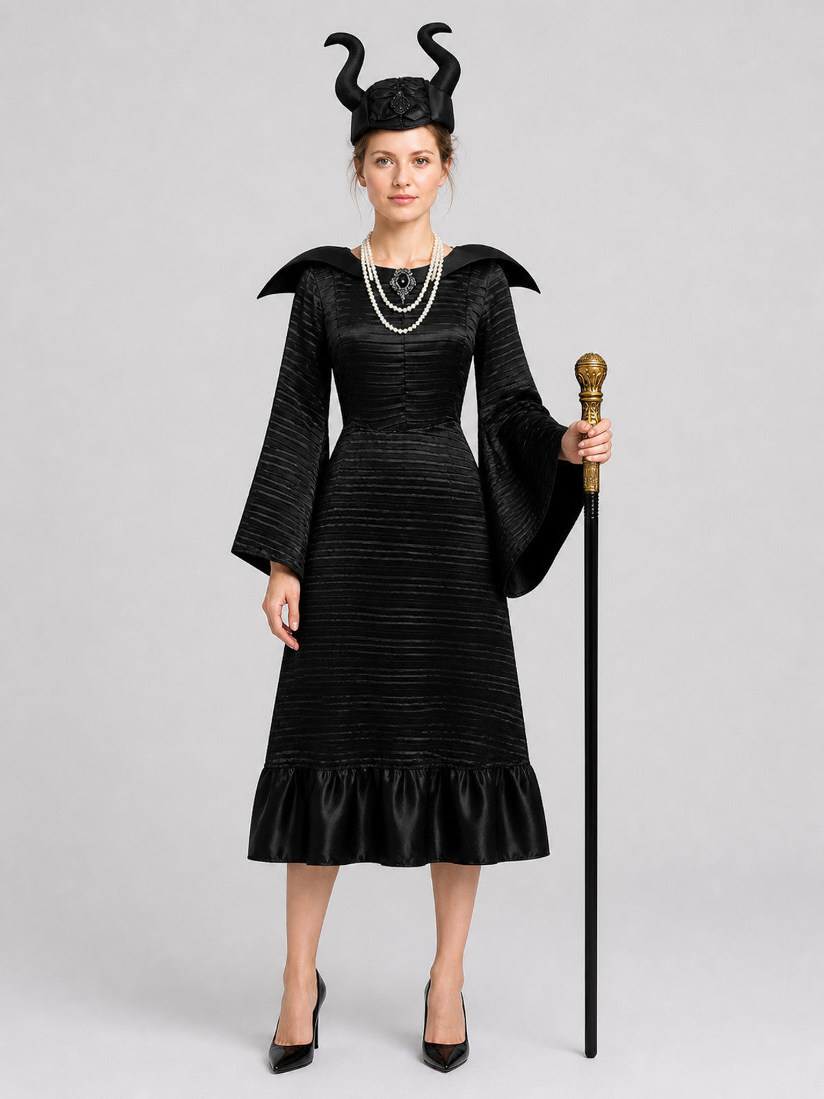 Maleficent Witch Costume with Hat and Staff for Halloween