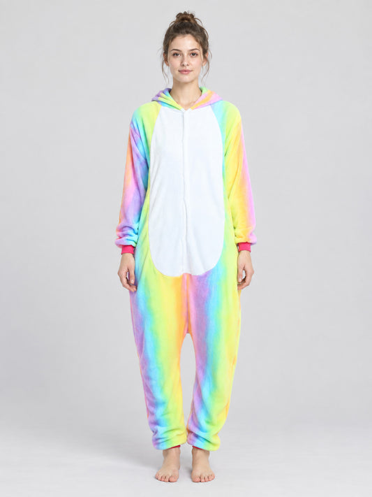 Hooded Pajama Jumpsuit with Rainbow Print