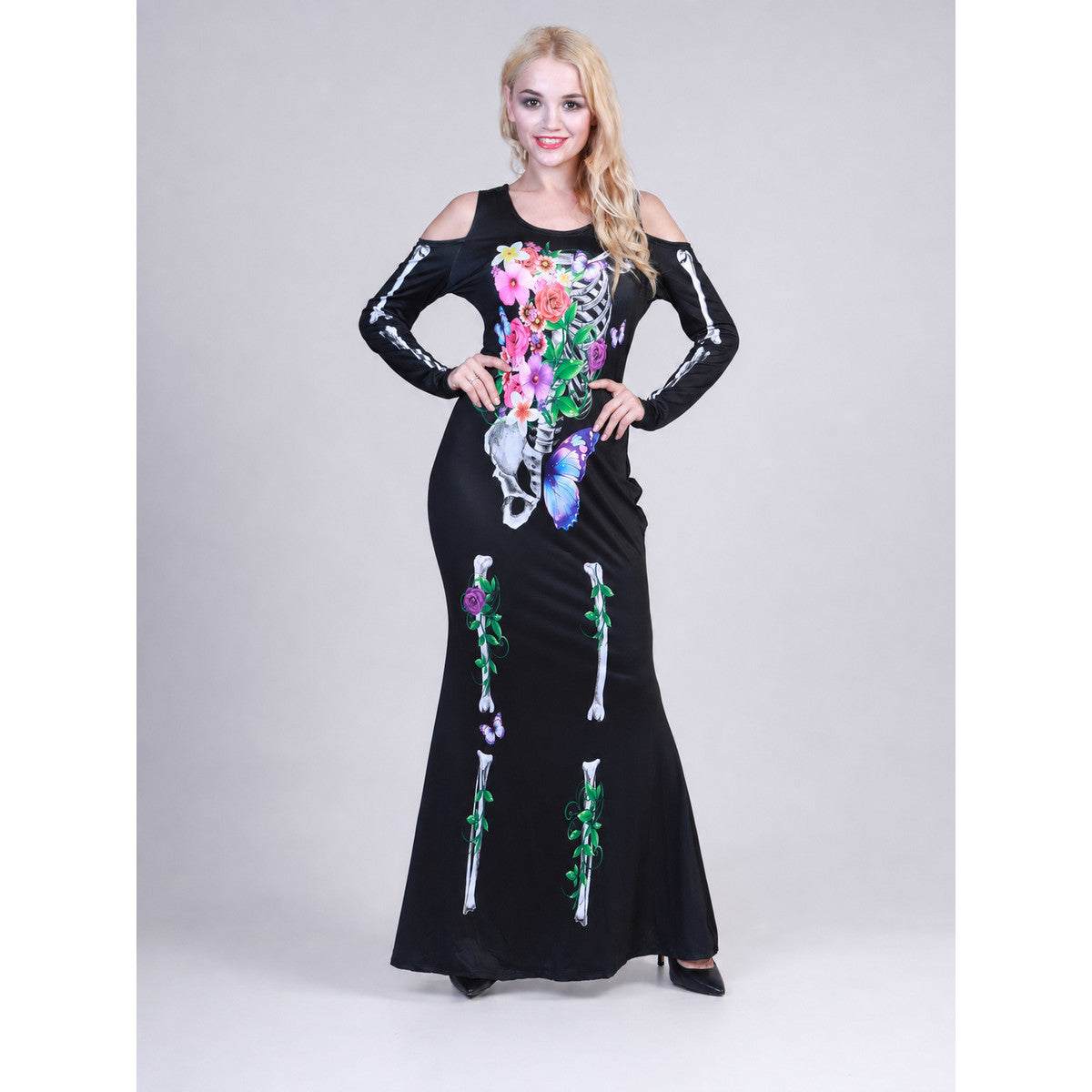 Sleeved Maxi Dress with Gothic Skeleton Print