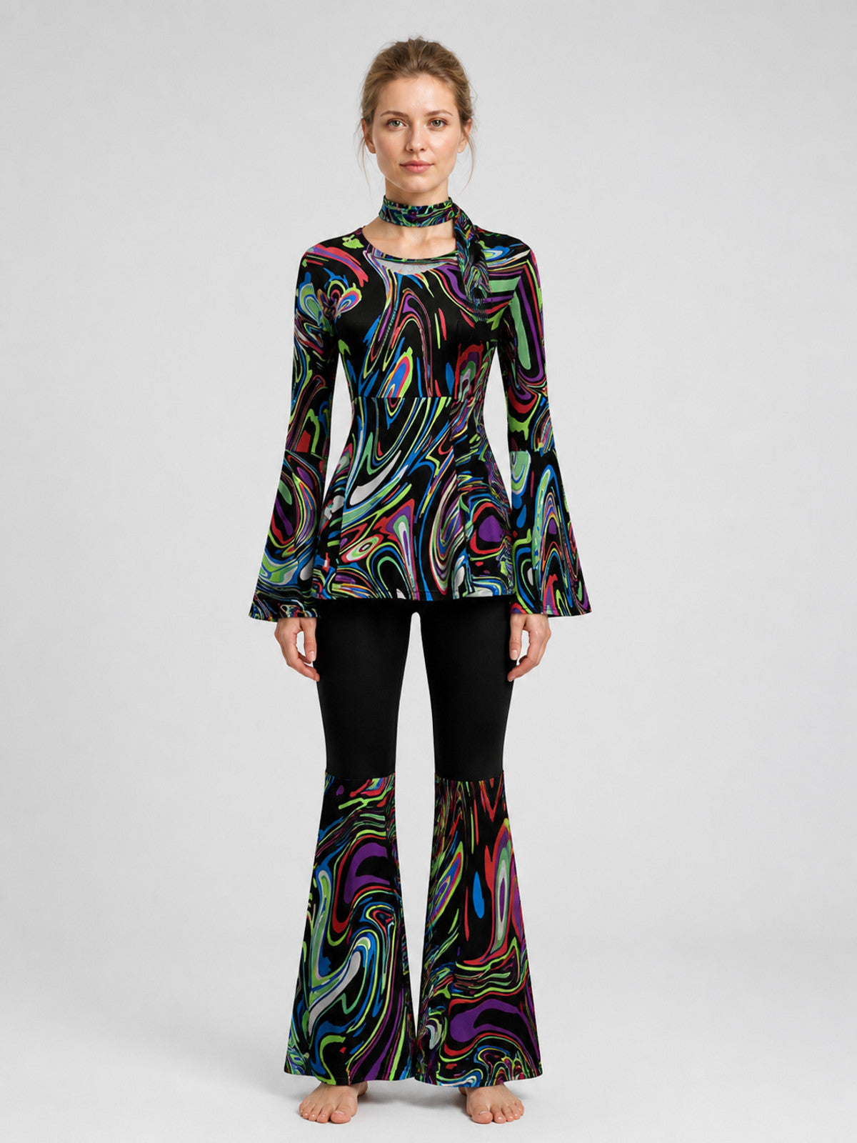 Disco Costume with Psychedelic Print, Flared Pants on-model view