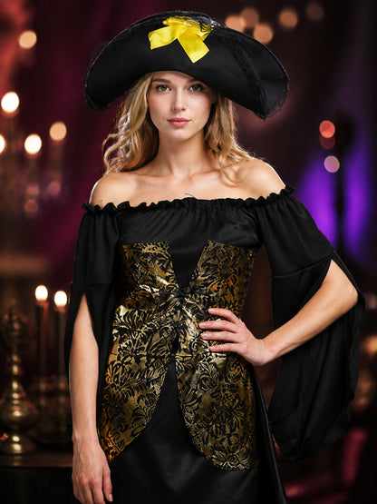 Adult Pirate Costume Set, Black and Gold Off-Shoulder Dress With Hat on-model view